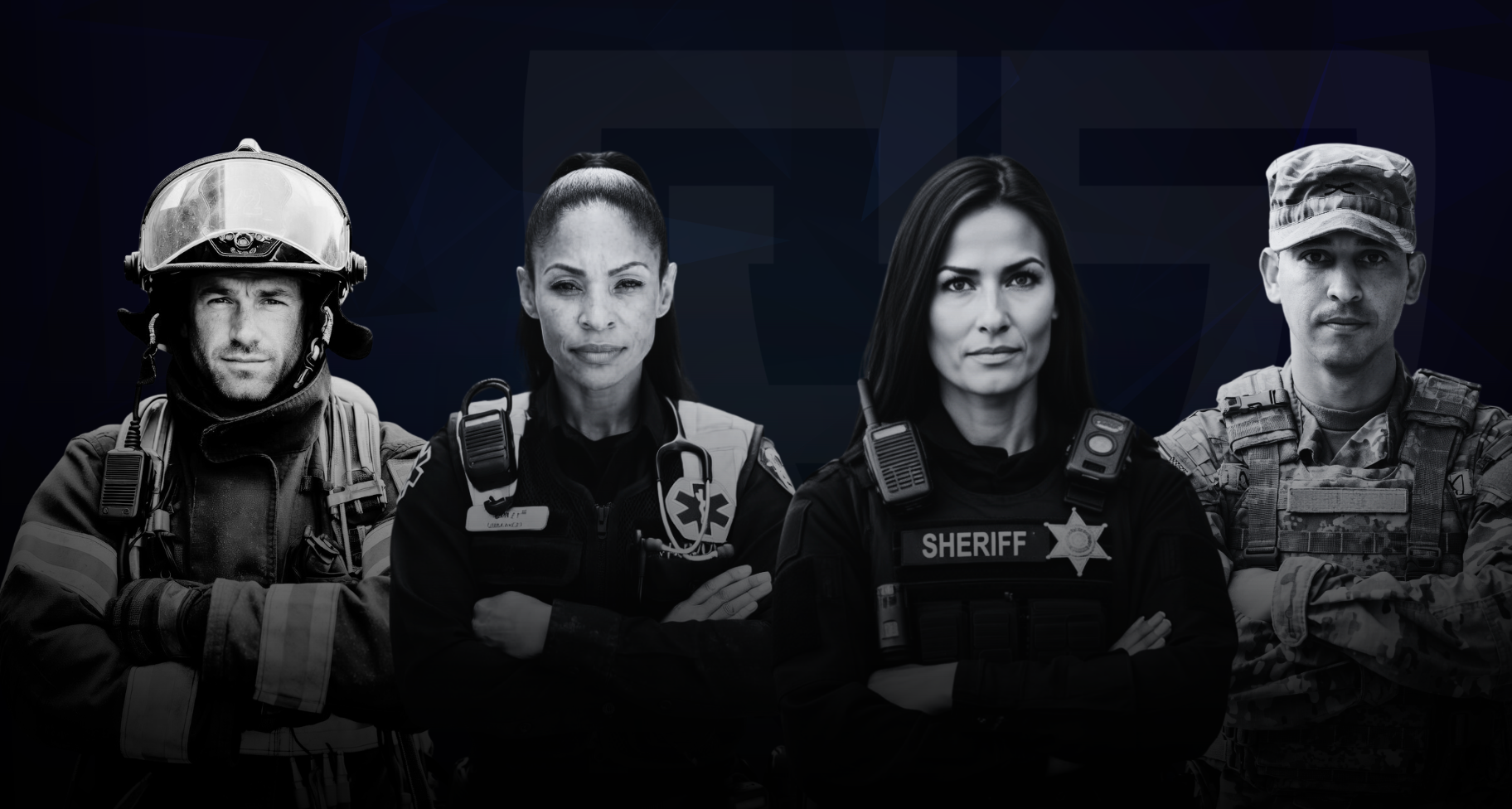A collage of a firefighter, emt, sheriff deputy and active military soldier.