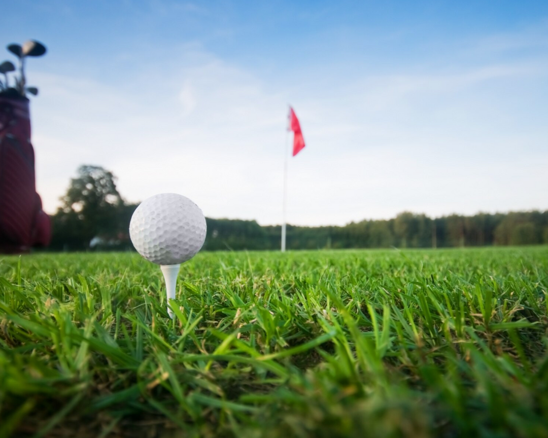 Closeup of a golfball in front of a hole and golfing bag with clubs.